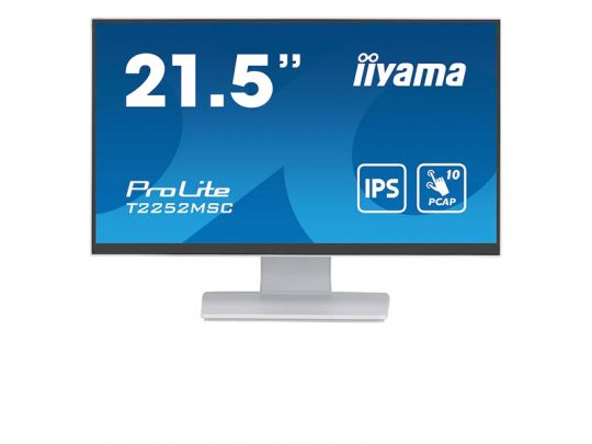 Iiyama ProLite T2252MSC 21.5-inch monitor with thin bezel and silver stand, displaying a blue screen with product features such as IPS panel and PCAP 10-point touch technology.