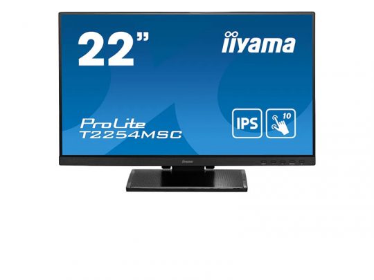 22-inch iiyama ProLite T2254MSC monitor, shown from the front with a blue screen highlighting the model name and key features; features an IPS display and slim black bezel design.