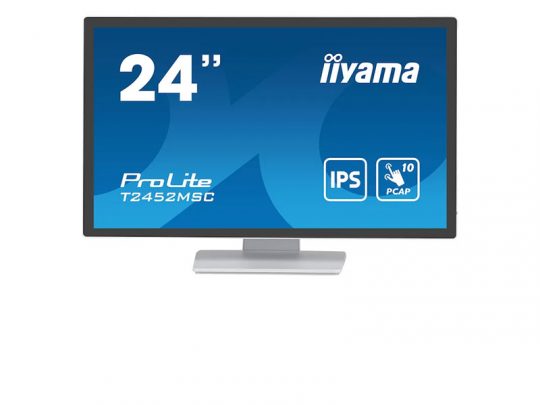 Front view of a 24-inch iiyama ProLite T2452MSC monitor with a blue screen displaying the model name, IPS, and PCAP 10 icons; slim black bezel design.