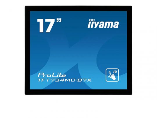 17-inch iiyama ProLite TF1734MC-B7X monitor with a blue screen showing the model name and a touch icon labeled 10, highlighting its 10-point multi-touch capability.