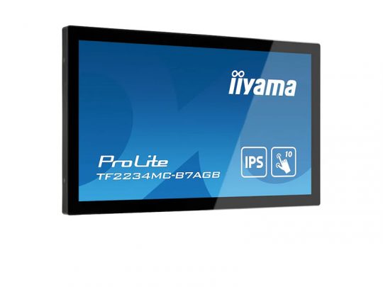 Black iiyama ProLite TF2234MC-B7AGB touchscreen monitor with a blue display showing the model number, IPS technology icon, and 10-point touch icon.