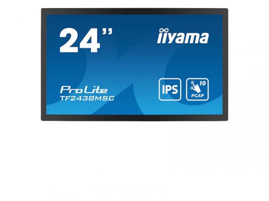 24-inch iiyama ProLite TF2438MSC monitor with a blue display screen featuring IPS and PCAP icons, set against a clean white background. The touchscreen monitor has a sleek black frame and is ideal for professional or industrial use.
