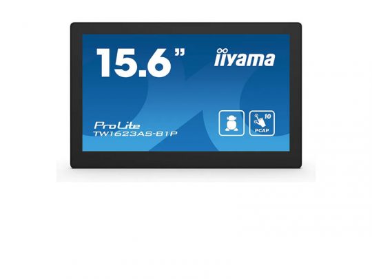 15.6-inch iiyama ProLite TW1623AS-B1P touchscreen monitor displayed against a white background, with the screen showing product specifications and feature icons.