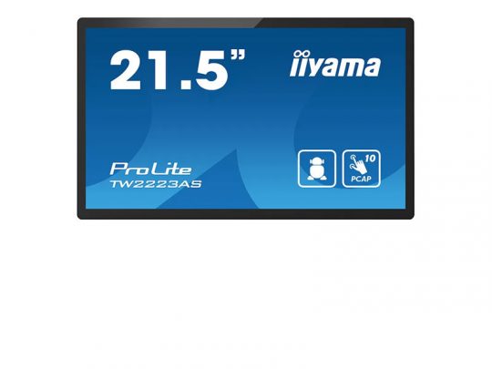 21.5-inch iiyama ProLite TW2223AS touchscreen monitor with a blue display, featuring the model name and PCAP 10-point touch icons on the screen.