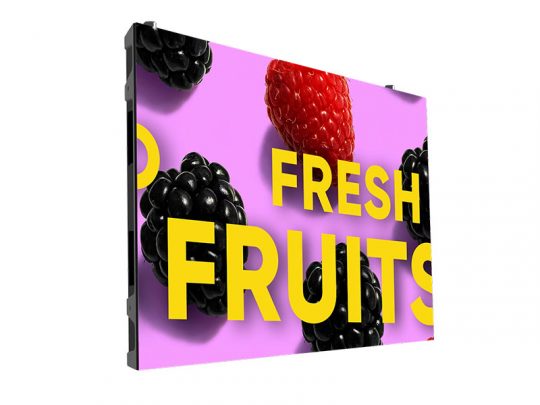 Digital sign displaying several blackberries and one raspberry on a bright pink background, with bold yellow text that says FRESH FRUITS. The image promotes fresh berries in an eye-catching, modern style.