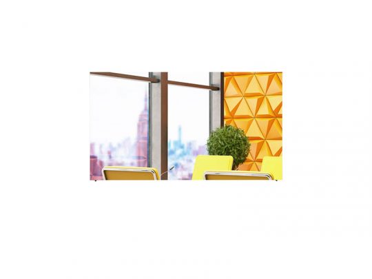 Modern office interior featuring bright yellow chairs, a lush green potted plant, and a stylish geometric yellow wall panel. Large windows offer a view of a blurred cityscape in the background, creating an inviting workspace atmosphere. Ideal for office furniture and contemporary workspace design searches.