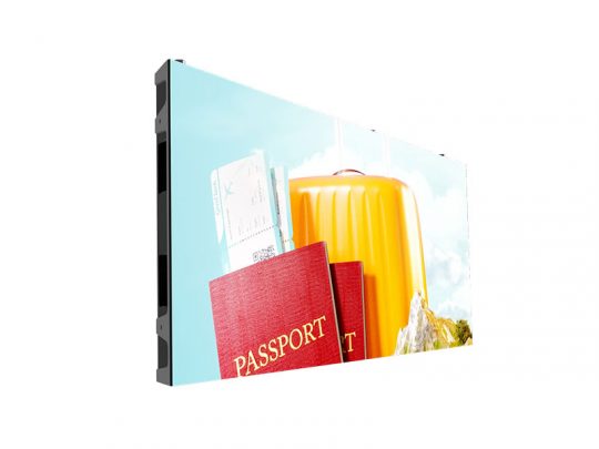 Digital display screen showing a yellow suitcase, two red passports, and a boarding pass against a blue sky background, representing travel essentials and vacation planning.