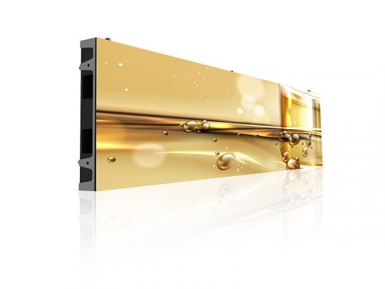 Sleek rectangular LED display panel showcasing a vibrant image of golden liquid with bubbles, placed against a white background and reflecting on the surface below. Perfect for digital advertising, event displays, or modern interior decor.