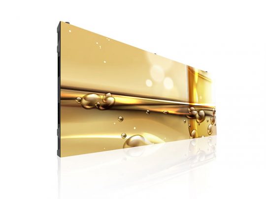Rectangular modern digital display showcasing a vibrant close-up of golden liquid with bubbles, creating a glossy, high-definition visual effect on a white reflective surface—ideal for contemporary home or office décor.
