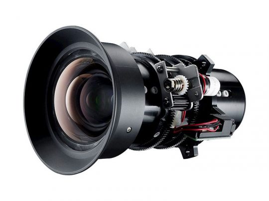 Close-up view of a professional camera lens assembly showing the large glass front element, detailed gears, mechanical components, and exposed wiring. This image highlights the intricate design and engineering of high-quality camera lenses.