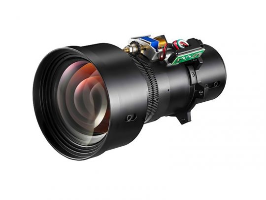 Close-up of a large camera or projector lens with a black metal body, intricate glass elements, and an attached circuit board with wiring on top. The product showcases advanced optical components and modern electronics, ideal for high-precision imaging or projection equipment.