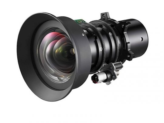 Close-up of a professional camera lens with wide hood, visible external gears, and connector, isolated on white background—ideal for advanced photography equipment and DSLR or mirrorless cameras.