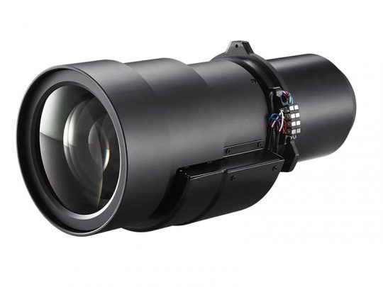 Large black camera lens with attached electronic components and wiring, displayed on a plain white background. The lens appears to be a professional-grade projector or CCTV camera lens, designed for high-precision imaging and integration into advanced optical systems.