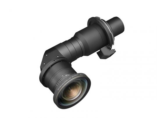 Black L-shaped projector lens with large front glass, multiple adjustable focus and zoom rings, designed for precise image projection and mounting on compatible projectors. Ideal for professional AV setups.