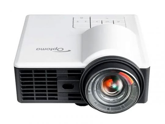 White Optoma projector with top control buttons and a large front lens, angled view on a white background.
