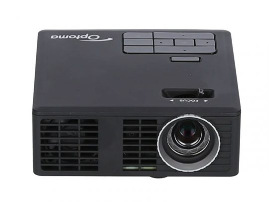 Black Optoma projector front view showing large lens on the right, ventilation grilles on the left, and control buttons on top; ideal for home cinema or office presentations.
