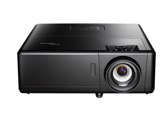 Front view of a black Optoma projector with the lens positioned on the right and control buttons visible on the top surface; suitable for home or office presentations.