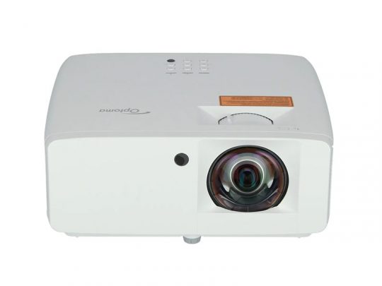 Front view of a white Optoma projector showing its central lens, infrared sensor, and top-mounted control buttons; ideal for home cinema or business presentations.