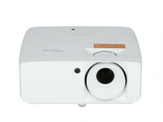 White Optoma projector with a large lens on the right, labeled control buttons on top, and a small black sensor located next to the lens on the front front panel. Suitable for home theater or office presentations.