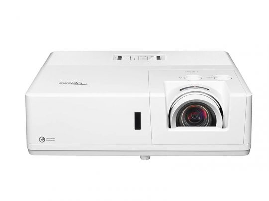 White Optoma projector front view, featuring a prominent lens on the right and control buttons on top—ideal for home theater or office presentations.