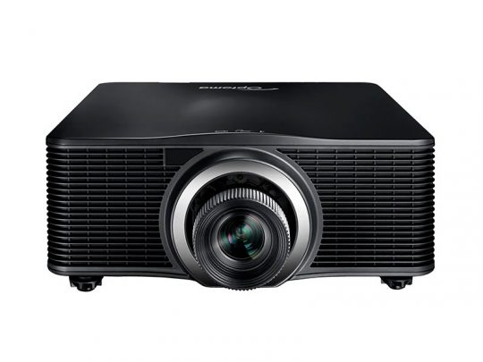 Front view of a black Optoma projector with a prominent central lens encircled by a silver ring and wide horizontal ventilation grills on both sides; ideal for home theater or office presentations.