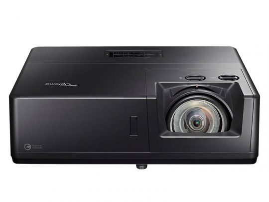 Front view of a black Optoma projector with its lens positioned on the right side and control buttons visible on the top, ideal for home theater or office presentations.