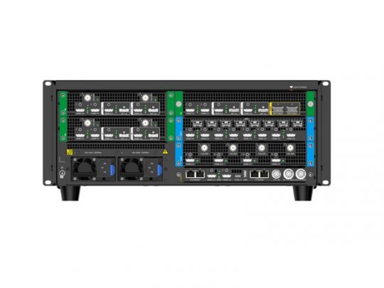 Rear view of Pixelhue P80 Seamless Switcher unit with ports, cooling fans, indicator lights, and modular slots for enterprise use.