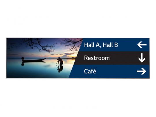 Das 88 Zoll UHD Display LG 88BH7D zeigt ein Wegweiser-Layout mit einem Sonnenuntergang über einem See. Beschriftungen weisen Hallen A und B nach links (mit Optionen "mieten" oder "kaufen"), WC geradeaus und Café nach rechts. Ideal zur Miete für Events, Messe oder Orientierungssysteme. SEO-relevant: 88 Zoll UHD Display mieten, LG 88BH7D, digitaler Wegweiser, Orientierungssystem.