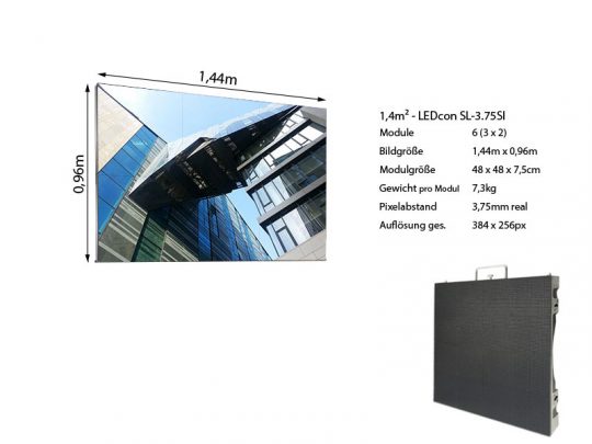 LED Wand 1.44m x 0.96m - LEDCON SL-3.75SI mit moderner Gebäudeprojektion; vorne sichtbar sechs schwarze LED-Module, je 7,3 kg leicht, Pixel Pitch 3,75 mm und Gesamtauflösung von 384x256 Pixel - ideal zum Mieten oder Kaufen für professionelle Präsentationen und Events.