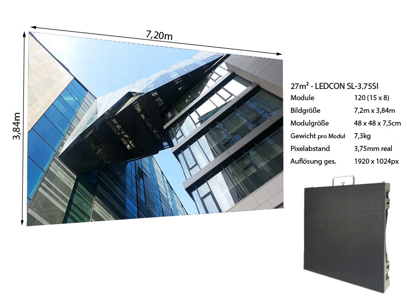 LED Wand 7.20m x 3.84m mieten - Auf dem Bild ist das rechteckige LED-Display LEDCON SL-3.75SI (27m², 120 Module) mit einer gestochen scharfen Auflösung von 1920x1024 Pixel und einem Pixel Pitch von 3,75mm zu sehen; auf der Bildschirmfläche wird ein hochauflösendes Foto moderner Glasgebäude gezeigt. Ideal zum Mieten für Events und Präsentationen, großformatig und brillant dargestellt.