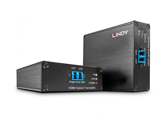 Zwei schwarze Metallboxen von LINDY mit der Beschriftung "HDMI Optical Transmitter" und "HDMI Optical Receiver", jeweils mit blauem Glasfaseranschluss, Status-LEDs und LINDY-Logo auf weißem Hintergrund-jetzt mieten oder kaufen.