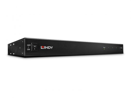 Lindy Netzwerkgerät in Schwarz mit Netzschalter, Markenlogo und Status-LEDs auf der Frontblende vor weißem Hintergrund - optimal als Miet- oder Kaufoption für professionelle Netzwerklösungen.
