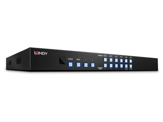 Lindy elektronisches Schaltpanel in Schwarz mit mehreren blauen quadratischen Tasten und LED-Anzeigen, nummeriert und beschriftet für verschiedene Funktionen; zur Rackmontage geeignet - perfekt zum Kaufen oder Mieten.