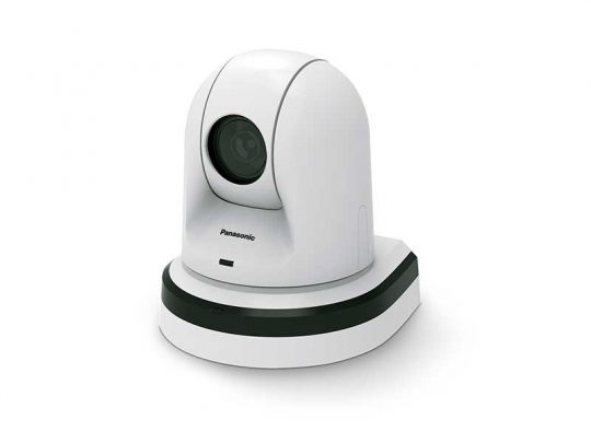 Panasonic Dome-Überwachungskamera in Weiß mit abgerundetem Gehäuse auf rechteckiger Basis - moderne Sicherheitskamera zum Kaufen oder Mieten für professionelle Videoüberwachung.