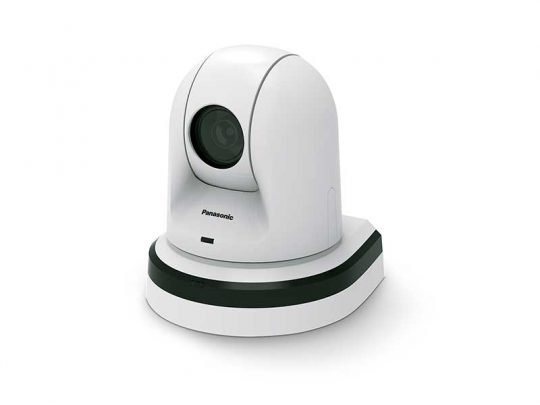 Weiße Panasonic Überwachungskamera mit kuppelförmigem Design, auf rechteckiger Basis montiert und leicht nach links ausgerichtet - ideal zum Mieten oder Kaufen zur Sicherheitsüberwachung.