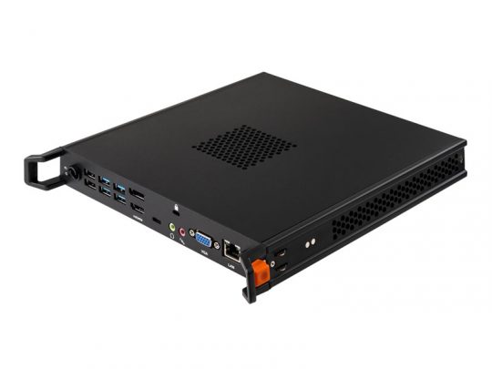 Industrieller Computer Industrial PC Blackline - schwarzes, rechteckiges Gehäuse mit mehreren Anschlussports, Lüftungsschlitzen und Frontgriffen; Seiten- und Rückansicht zeigt zahlreiche Verbindungen, ideal zum Mieten oder Kaufen für industrielle Anwendungen.
