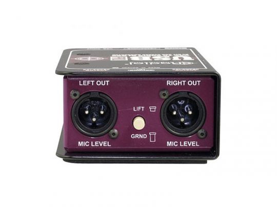 Nahaufnahme des Audio-Interfaces "Radial Engineering J48", mit zwei XLR-Ausgängen ("Left Out" und "Right Out"), Mikrofonpegel-Reglern, Ground-Lift-Schalter sowie einem Gehäuse in Lila und Schwarz - perfekt zum Mieten oder Kaufen für professionelle Audiotechnik.