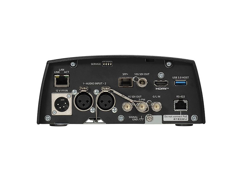 Rückseite der Panasonic AW-UE160KEJ 4K PTZ-Kamera mit zahlreichen Anschlüssen wie XLR-Audioeingängen, HDMI, LAN, USB 3.0, 12V-Stromanschluss, SDI, SFP+ und RS-422; professionelle Kamera zum Mieten für hochwertige Videoaufnahmen.