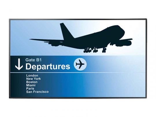 Digitales Abflug-Anzeigeboard "Gate B1 Departures" für Reisende, geeignet zum Mieten oder Kaufen von Tickets; großes Flugzeug-Symbol über einer Liste internationaler Reiseziele wie London, New York, Boston, Miami, Paris und San Francisco. Ein Pfeil und Icon verdeutlichen die Richtung zum Gate.