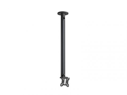 Schwarze, verstellbare Deckenhalterung mit langem, senkrechtem Metallstab und Montageplatte am unteren Ende - ideal als Deckenhalterung für Beamer oder Monitore zum Mieten oder Kaufen.