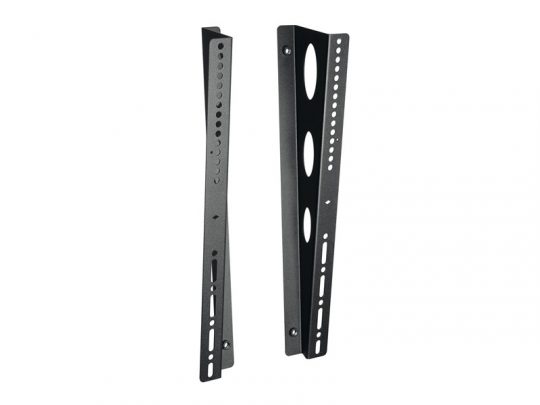 Zwei schwarze TV-Wandhalterungen aus Metall mit mehreren Befestigungslöchern stehen aufrecht nebeneinander vor weißem Hintergrund - ideal zum Kaufen oder Mieten für flexible Wohnlösungen.