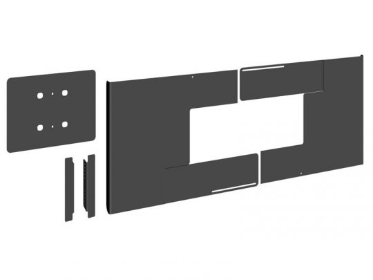 Schwarze, flache Metallteile des Flatpack-System-Sets einzeln angeordnet; rechteckige Platten mit Löchern und Schlitzen, ideal als modulare Bauteile zum Kaufen oder Mieten für Ihr nächstes Projekt.
