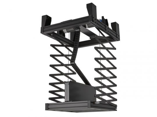 Motorisierter Deckenlift schwarz mit Scherenmechanismus, ideal zum Heben und Senken von Projektoren; verfügt über eine stabile Metallkonstruktion und integrierte Kabelführungskette, erhältlich zum Kauf oder zur Miete.