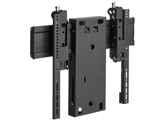 Schwarze, metallene TV Wandhalterung mit verstellbaren Armen und mehreren Montageschlitzen, ideal zum Befestigen von Flachbildfernsehern oder Monitoren; perfekt zum Mieten oder Kaufen für flexible Raumgestaltung.