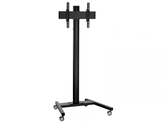 Schwarzer, mobiler TV-Ständer aus Metall mit vier Rollen, senkrechtem Standfuß und verstellbaren Halterungen für Flachbildfernseher - ideal zum Mieten oder Kaufen. Der robuste Fernseherständer ist flexibel einsetzbar und leicht zu bewegen.