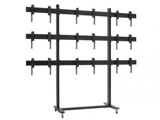 Schwarzes, großes TV Wandhalterungs-Standgestell "Multi-Screen TV Wall Mount Stand" aus Metall mit drei Reihen und vier Spalten an Montagehalterungen für mehrere Bildschirme, auf Rollen für flexible Mobilität - ideal zum Kaufen oder Mieten für Videowände.
