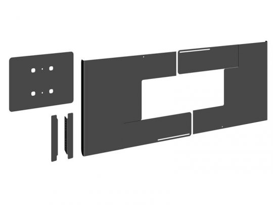 Digitale Illustration von schwarzen, rechteckigen und quadratischen Paneelen, einzeln angeordnet in einer Explosionsansicht - Montageelemente für eine wandmontierte Rahmenstruktur oder ein Modul-System zum Mieten oder Kaufen. Ideal zur modernen Raumgestaltung.