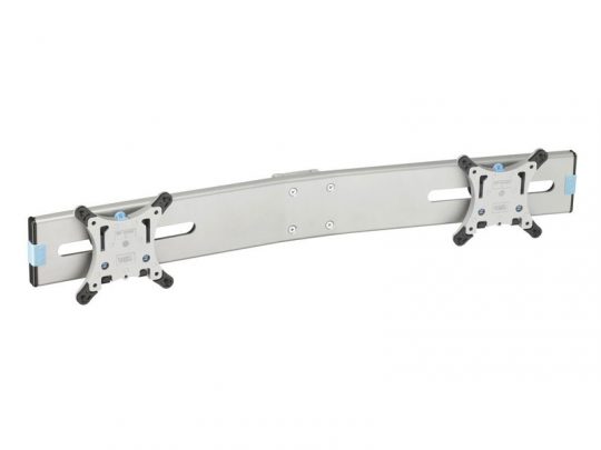 Silberne, gebogene Dual-Monitor-Halterung mit zwei verstellbaren VESA-Platten und blauen Akzenten, ideal zum Befestigen von zwei Monitoren an Wand oder Ständer - perfekte Lösung für flexible Arbeitsplatzgestaltung, zum Kauf oder zur Miete erhältlich.