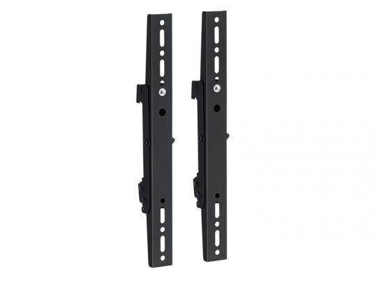Zwei schwarze Metall-Montagewinkel mit mehreren länglichen Befestigungslöchern, ideal für flexible Installation. Die Montagewinkel stehen aufrecht nebeneinander vor weißem Hintergrund - perfekt zum Kaufen oder Mieten.