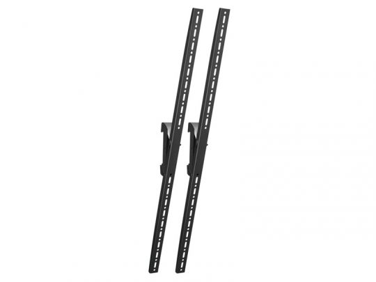 Zwei lange, schwarze Wandhalterungen aus Metall mit mehreren Lochungen, vertikal und leicht schräg auf weißem Hintergrund arrangiert - ideal als robuste TV-Wandhalterung oder Regalträger. Perfekt zum Kaufen oder Mieten.